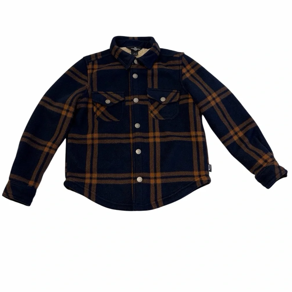 Eddie Bauer Navy Blue and Copper Brown Plaid Button-Up Shirt Jacket Boys 7